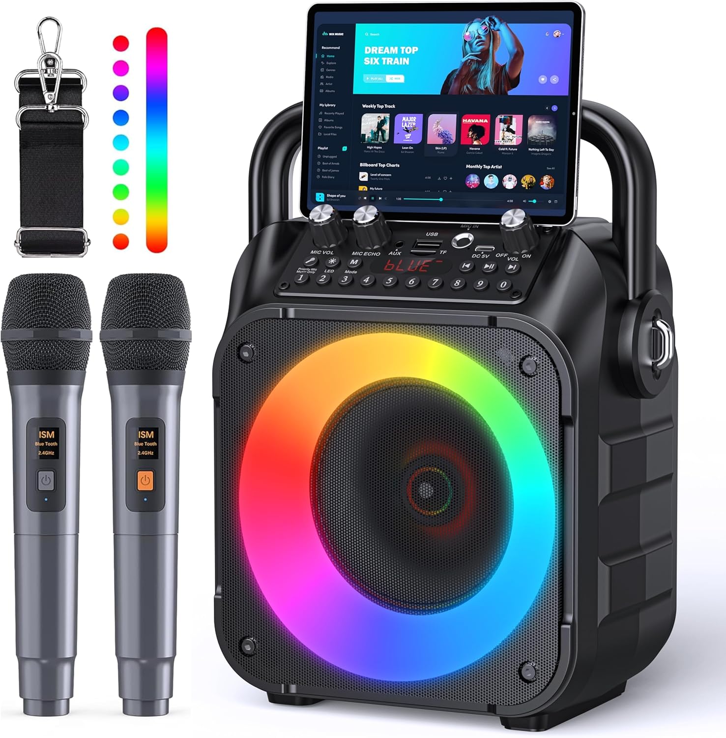 Tragbare Karaoke Maschine mit 2 Kabellosen Mikrofonen & LED – Bluetooth Lautsprecher schwarz