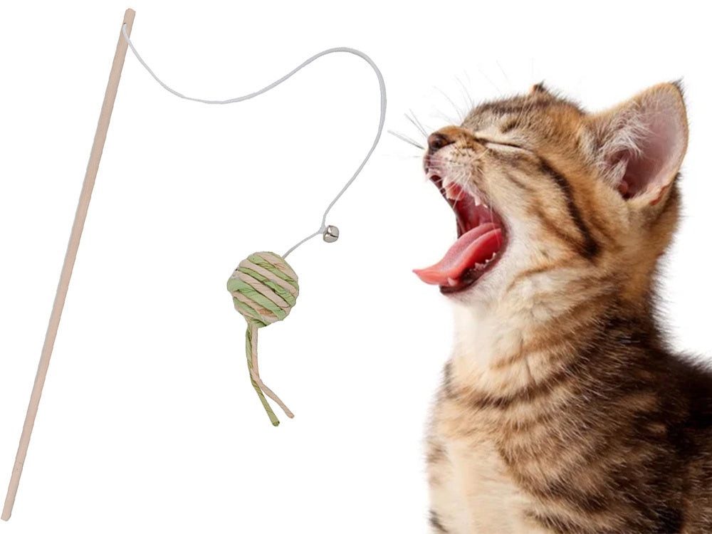 Katzenspielzeug Angelrute mit Ball & Rassel – Interaktives Spielzeug aus Holz