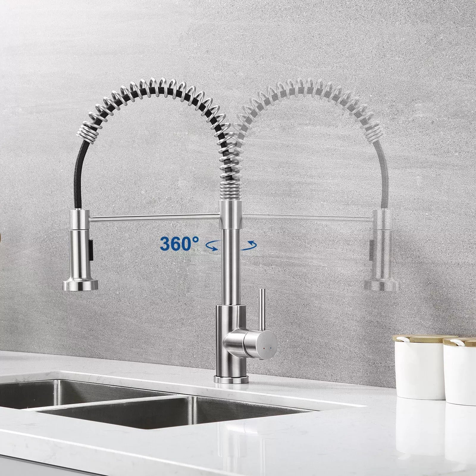 Küchenarmatur Edelstahl Silber – 360° Drehbar & Ausziehbar | Spültisch Wasserhahn mit Brause und Keramikventil | Warm- & Kaltwasser Mischbatterie