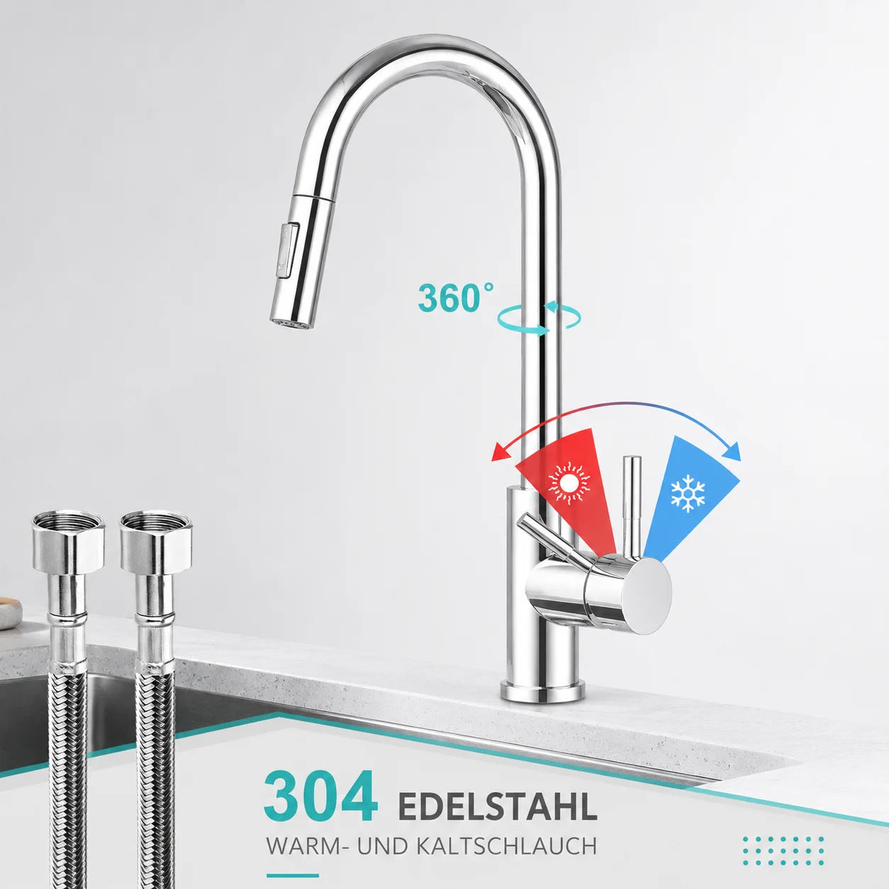 Küchenarmatur Ausziehbar 360° Schwenkbar Spültischarmatur Edelstahl Brausekopf