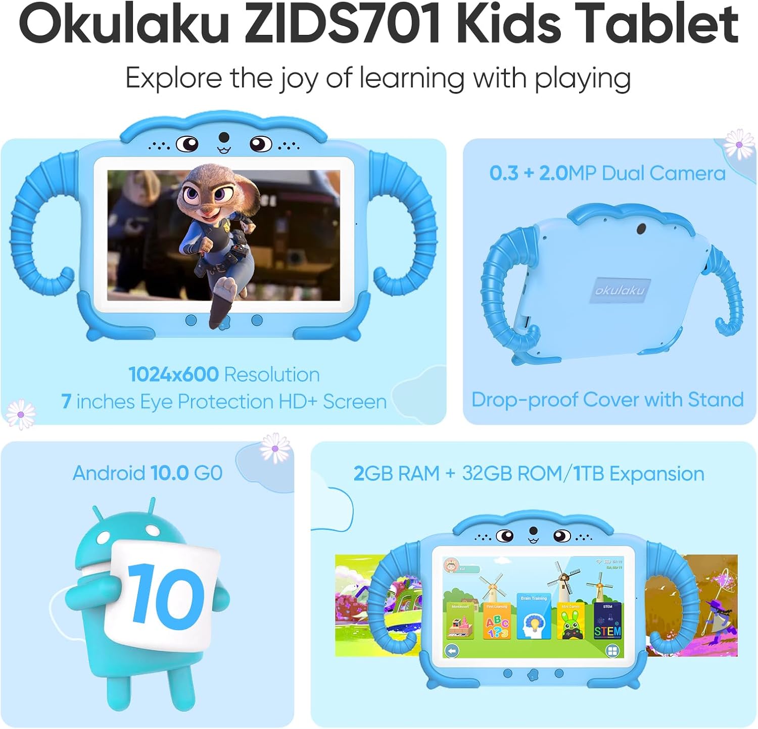 Kinder Tablet 7 Zoll mit Hülle – Lern- & Spielgerät für Kinder ab 3–14 Jahren – WiFi, Dual Kamera, Kindersicherung, 32GB – Blau