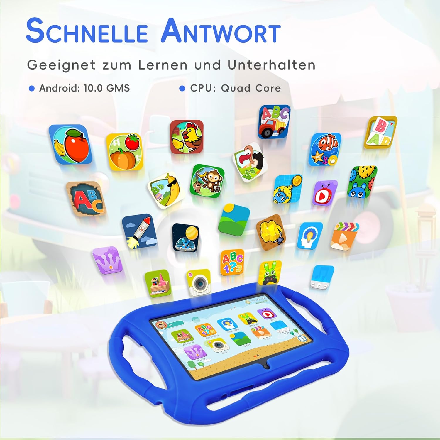 Kinder Tablet 7 Zoll mit Hülle – Lern- & Spielgerät für Kinder ab 3–14 Jahren – WiFi, Dual Kamera, Kindersicherung, 32GB – Blau