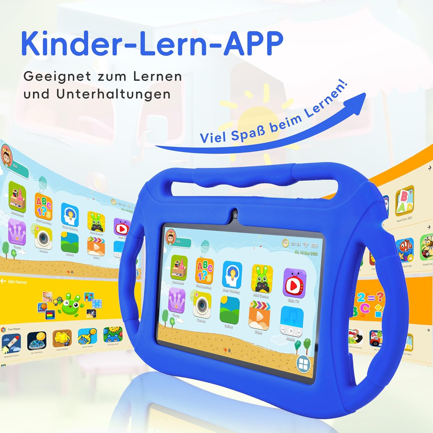 Kinder Tablet 7 Zoll mit Hülle – Lern- & Spielgerät für Kinder ab 3–14 Jahren – WiFi, Dual Kamera, Kindersicherung, 32GB – Blau