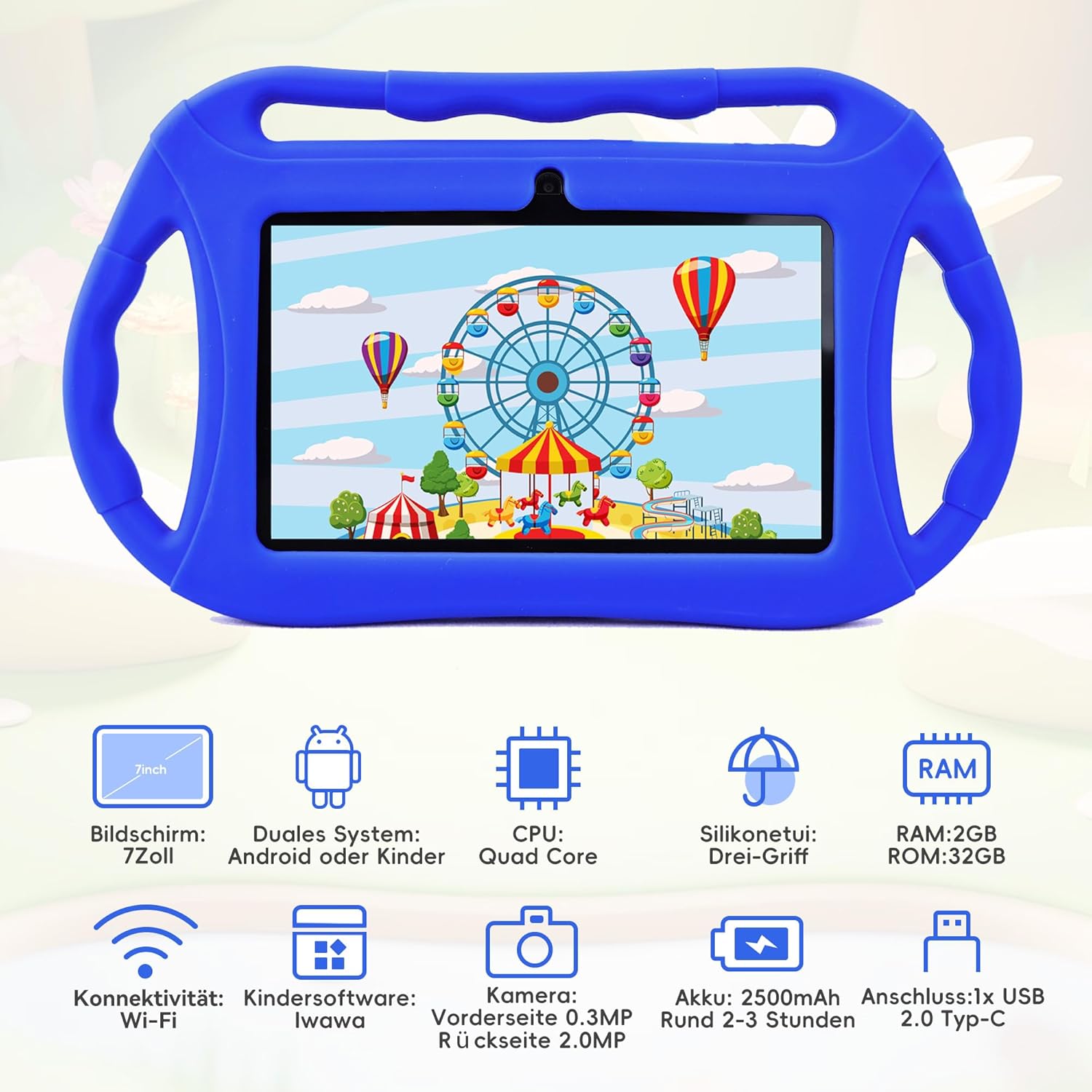 Kinder Tablet 7 Zoll mit Hülle – Lern- & Spielgerät für Kinder ab 3–14 Jahren – WiFi, Dual Kamera, Kindersicherung, 32GB – Blau