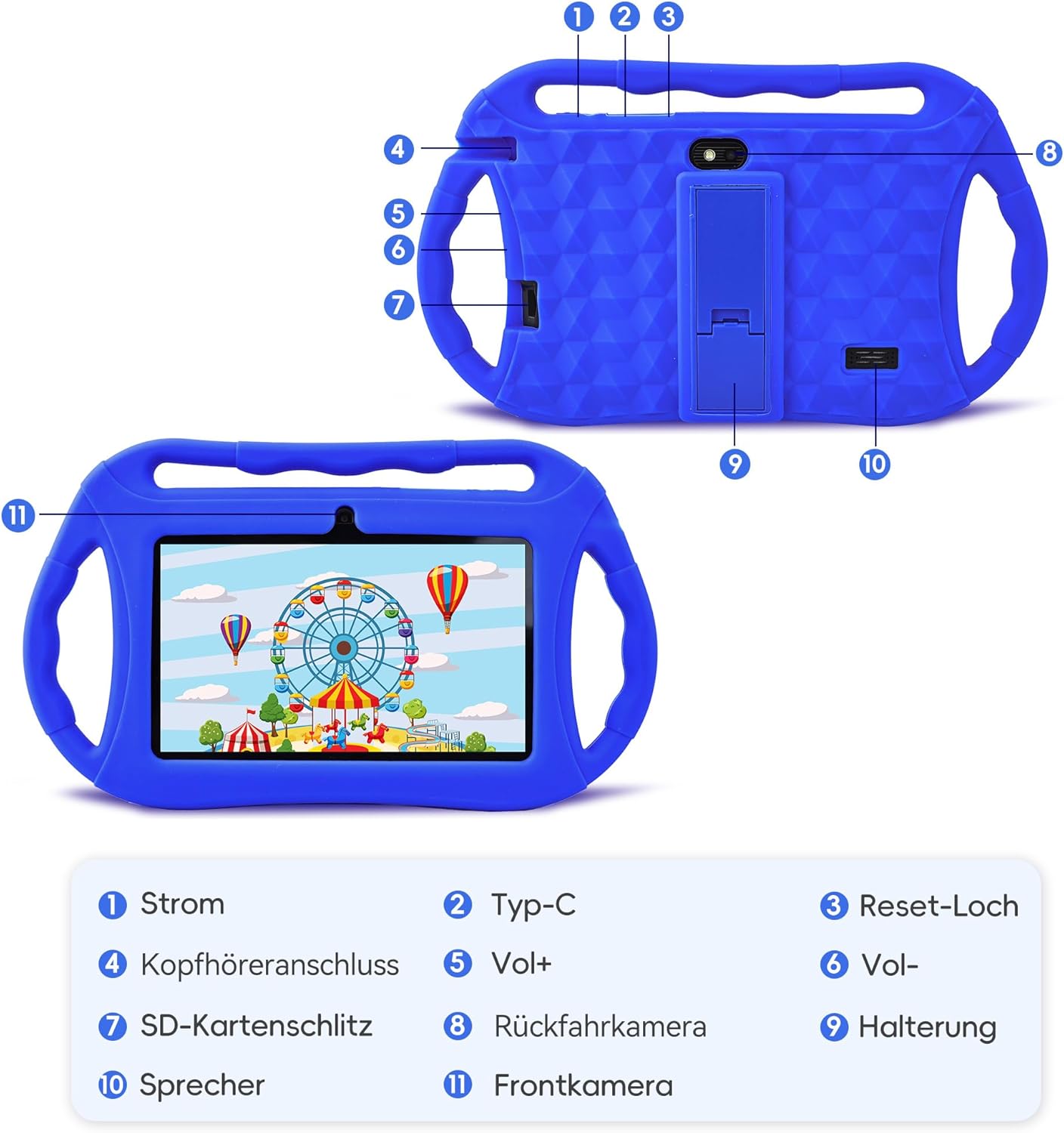 Kinder Tablet 7 Zoll mit Hülle – Lern- & Spielgerät für Kinder ab 3–14 Jahren – WiFi, Dual Kamera, Kindersicherung, 32GB – Blau