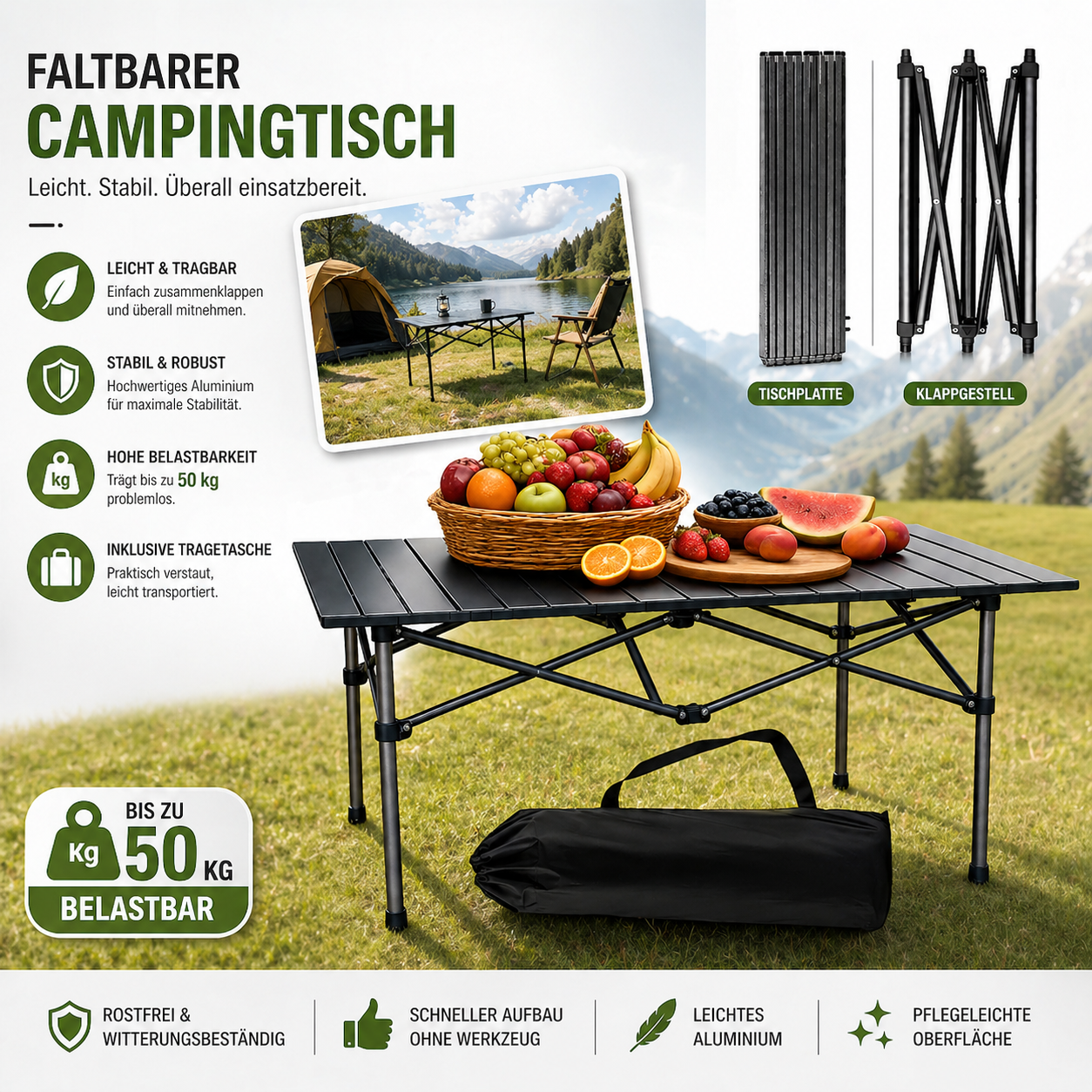 Campingtisch klappbar 95x55 faltbar Angeltisch Balkon Terrasse Outdoor Tisch