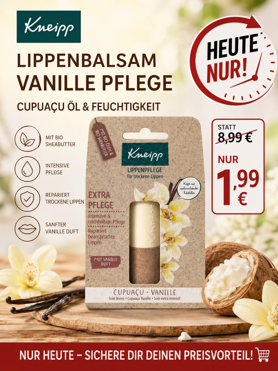 Kneipp Lippenbalsam Vanille Pflege Cupuaçu Öl Feuchtigkeit Lippenpflege