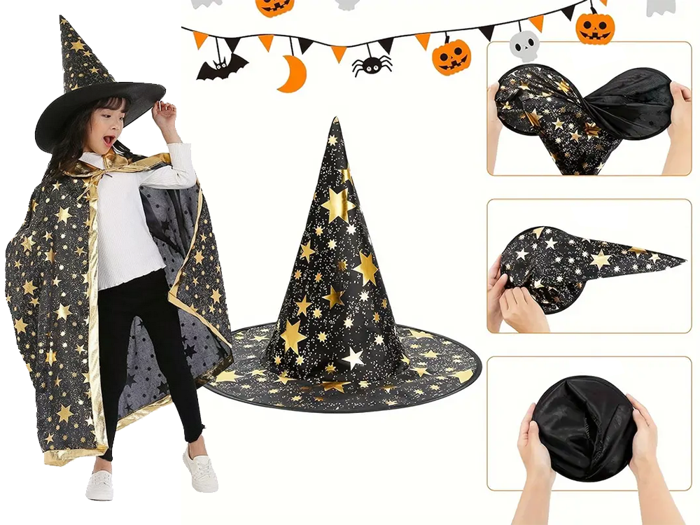 Children's Halloween Costume Witch Wizard Cape with Hat Pumpkin Candy Bag - NEW