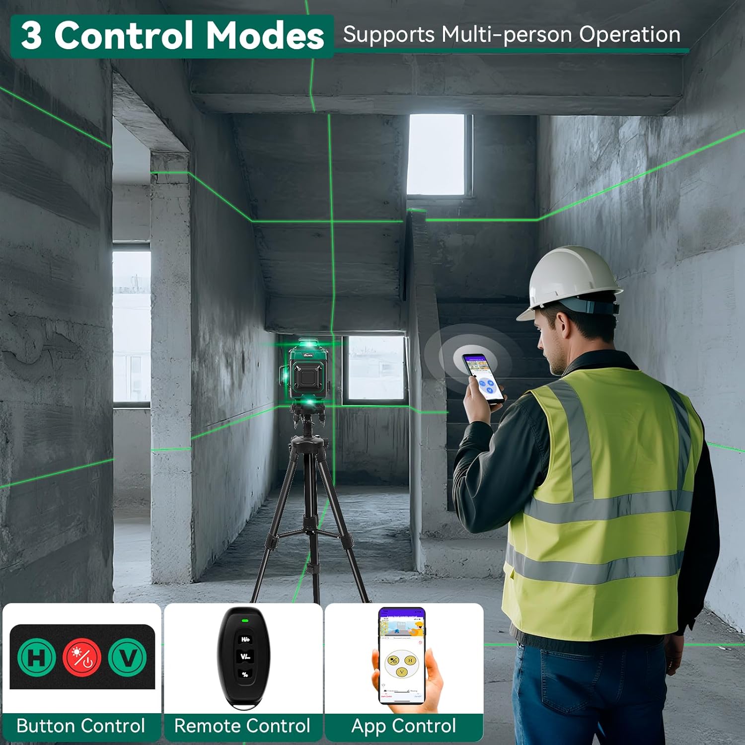 Cross Line Laser 360° Green 3D 12 Lines 4800mAh Battery Triangular Stand - 30m