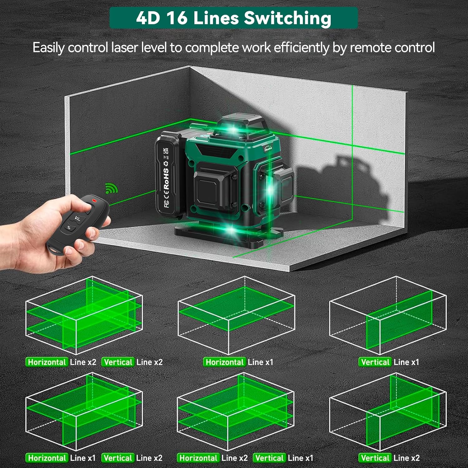 Cross Line Laser 360° Green 3D 12 Lines 4800mAh Battery Triangular Stand - 30m