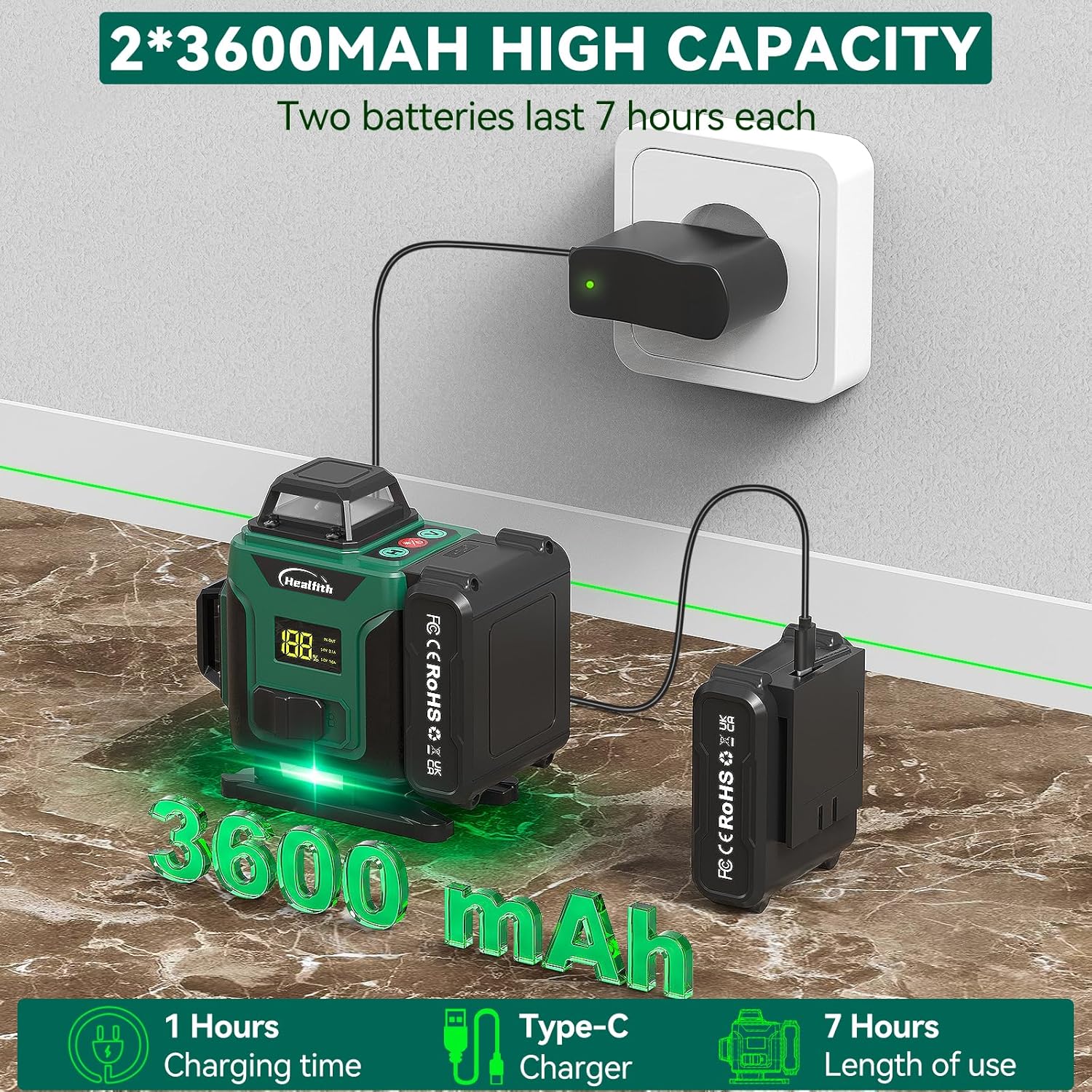 Cross Line Laser 360° Green 3D 12 Lines 4800mAh Battery Triangular Stand - 30m