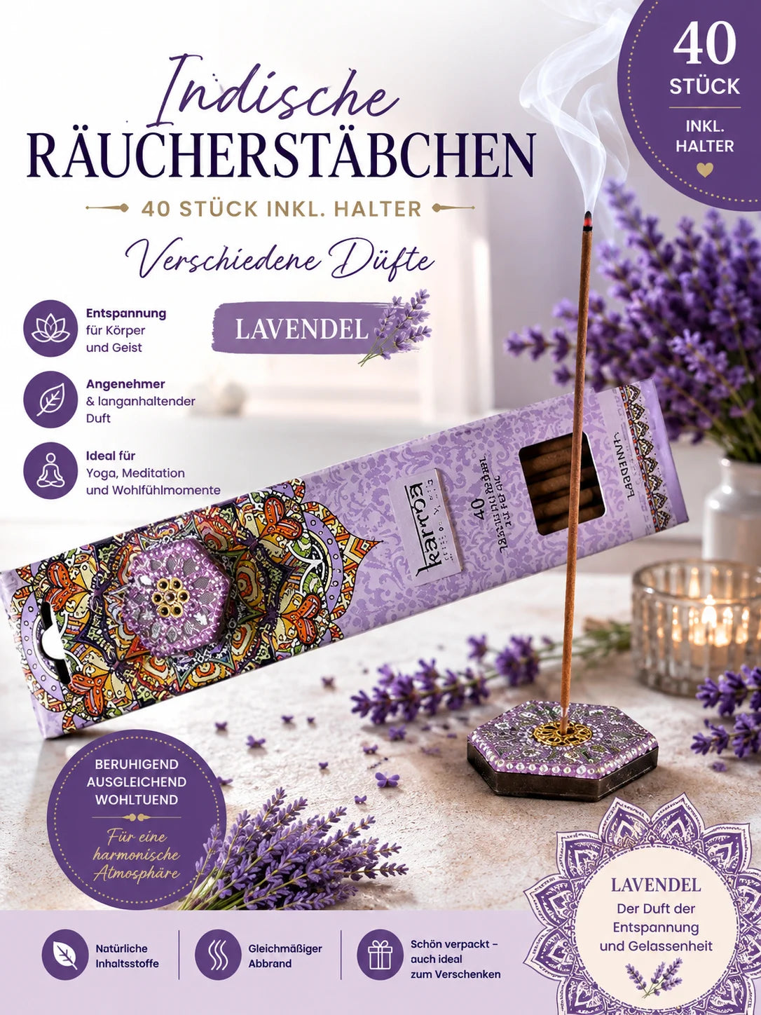 Räucherstäbchen Indische 40 Stück inkl. Halter – verschiedene Düfte (Karma Scent