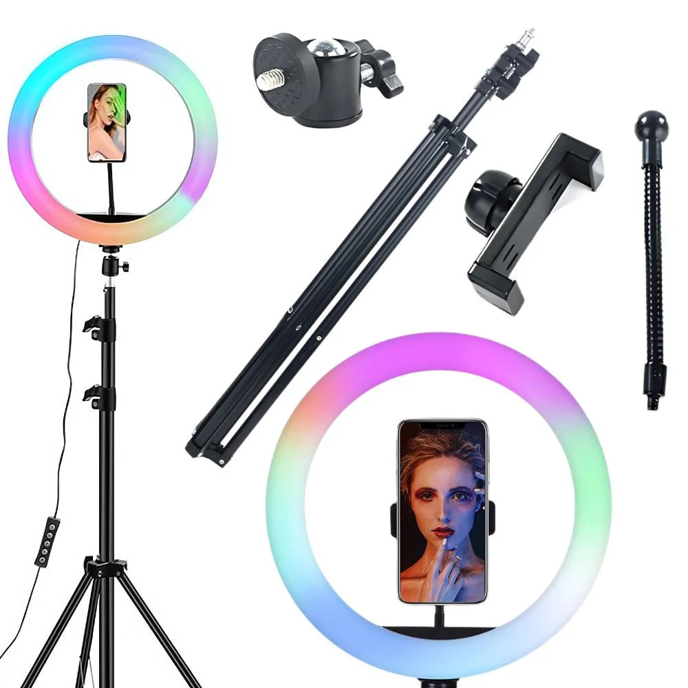 RGB LED Ringlicht 30 cm mit Handyhalterung & Stativ – USB Selfie Licht für Video, Foto, Streaming und Make-up
