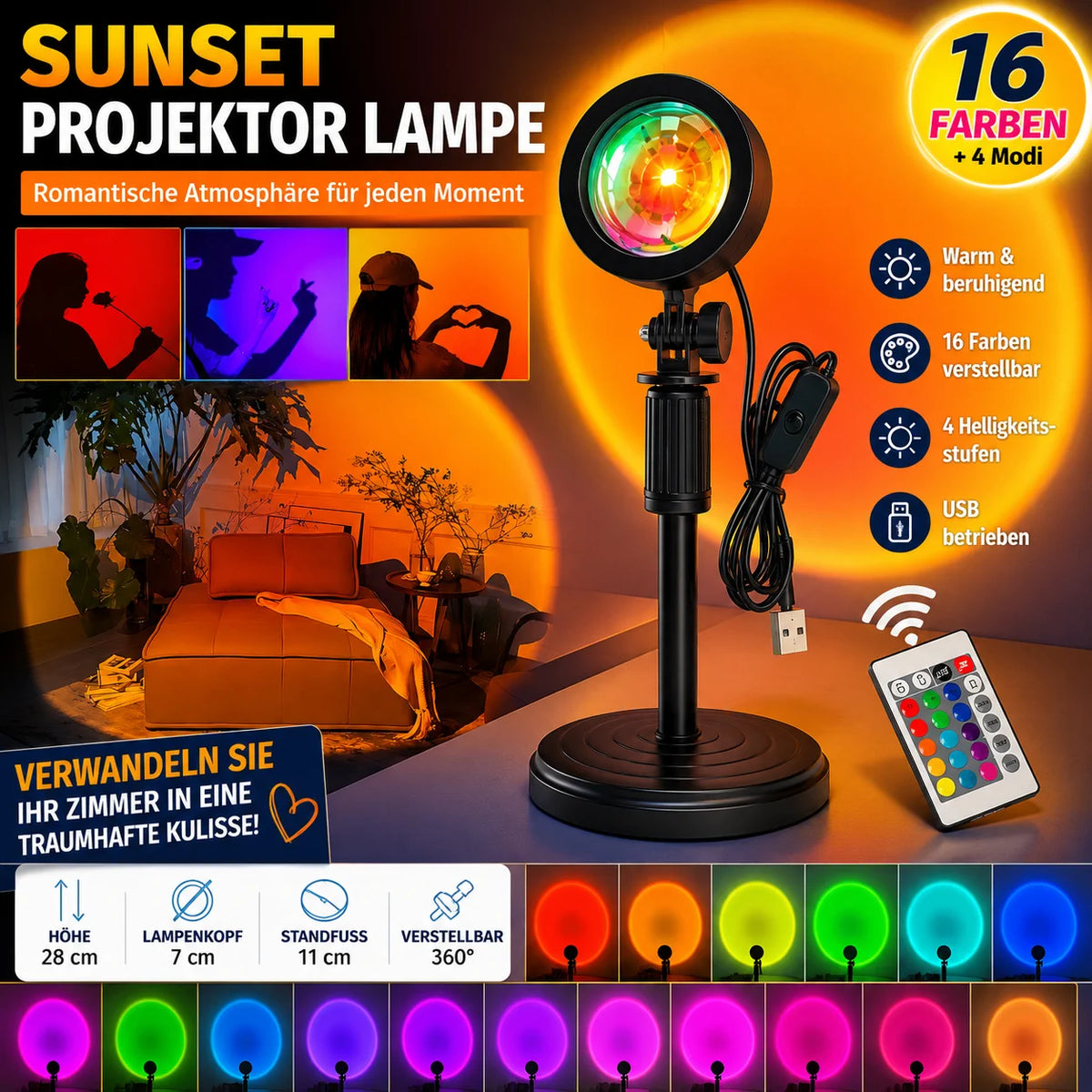 LED Sonnenuntergang Projektor RGB Lampe USB mit Fernbedienung Sunset Light