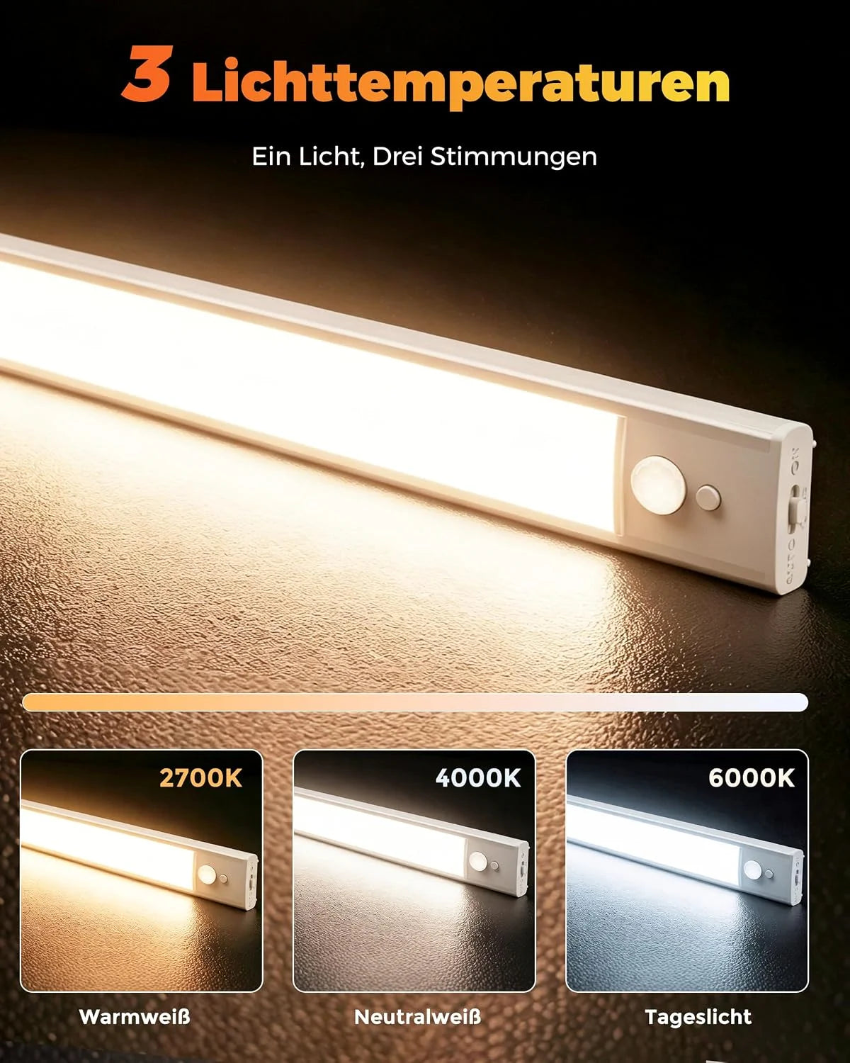 LED Unterbauleuchte Küche 25 cm – 1 Stück mit Bewegungsmelder, Akku, 3 Lichtfarben & USB-C