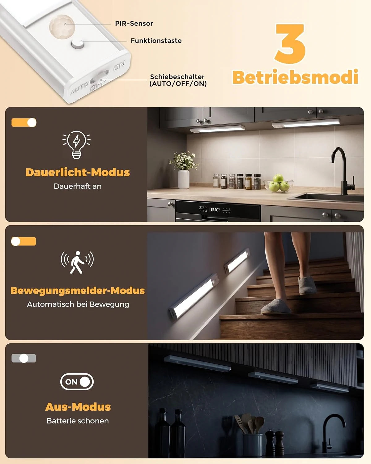 LED Unterbauleuchte Küche 25 cm – 1 Stück mit Bewegungsmelder, Akku, 3 Lichtfarben & USB-C