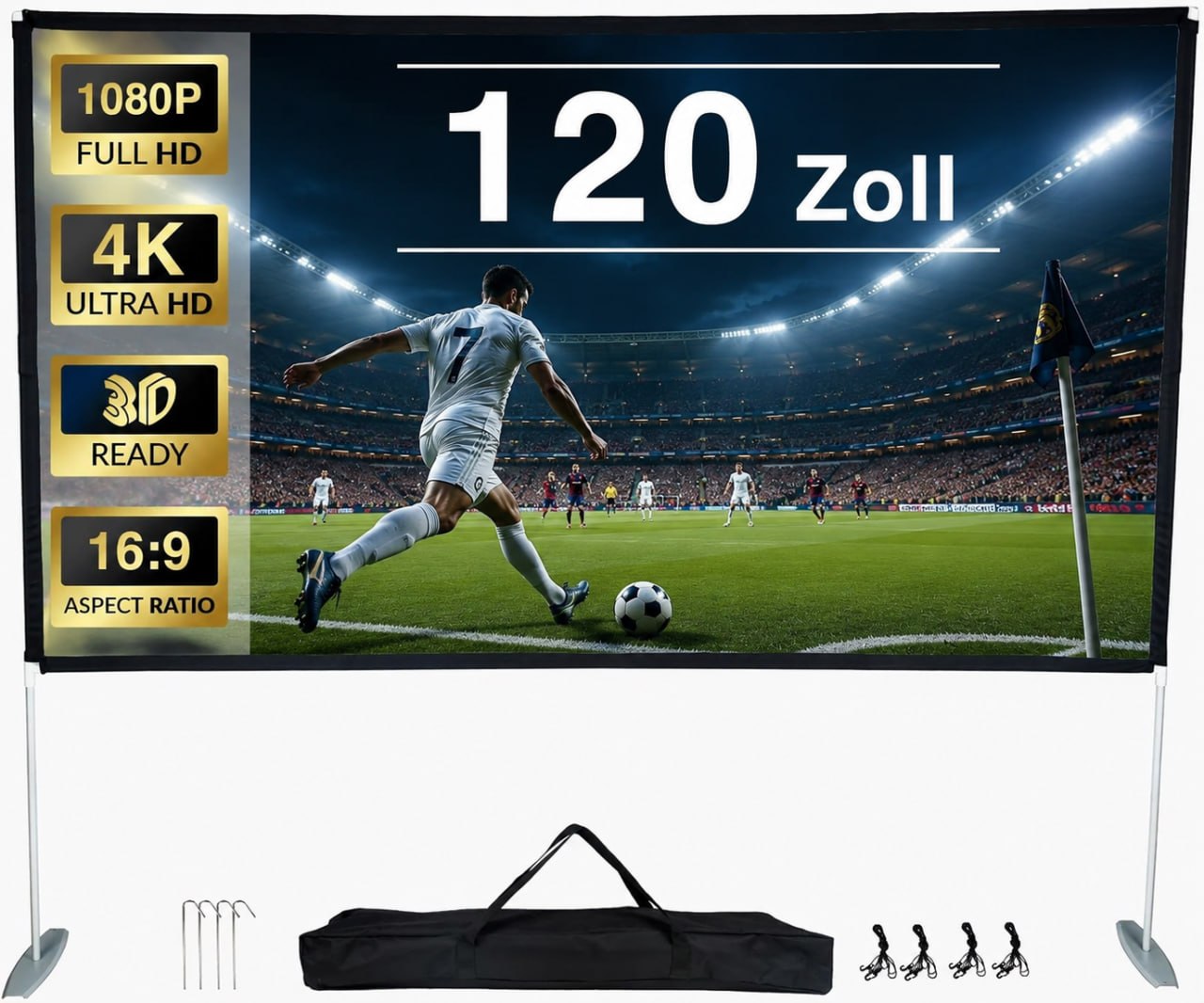 120 Zoll Beamer Leinwand mit Stativ und Tasche – Tragbare Projektor Leinwand für Heimkino, Gartenkino, Camping und Präsentationen