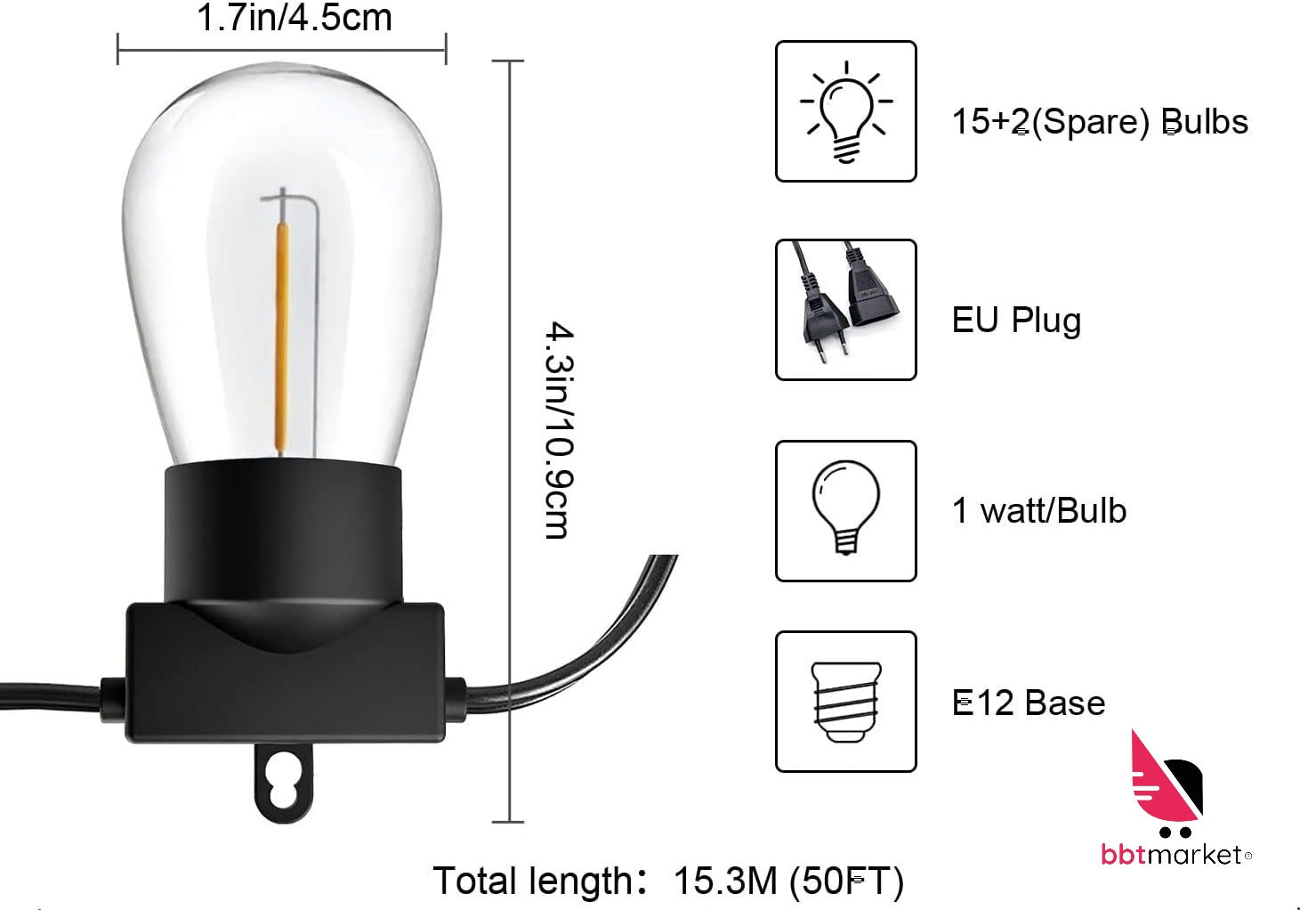 LED-Lichterkette Warmweiß  15+2 S14 Birnen Alle-Wetter Nutzbar Länge:15.3M Strom