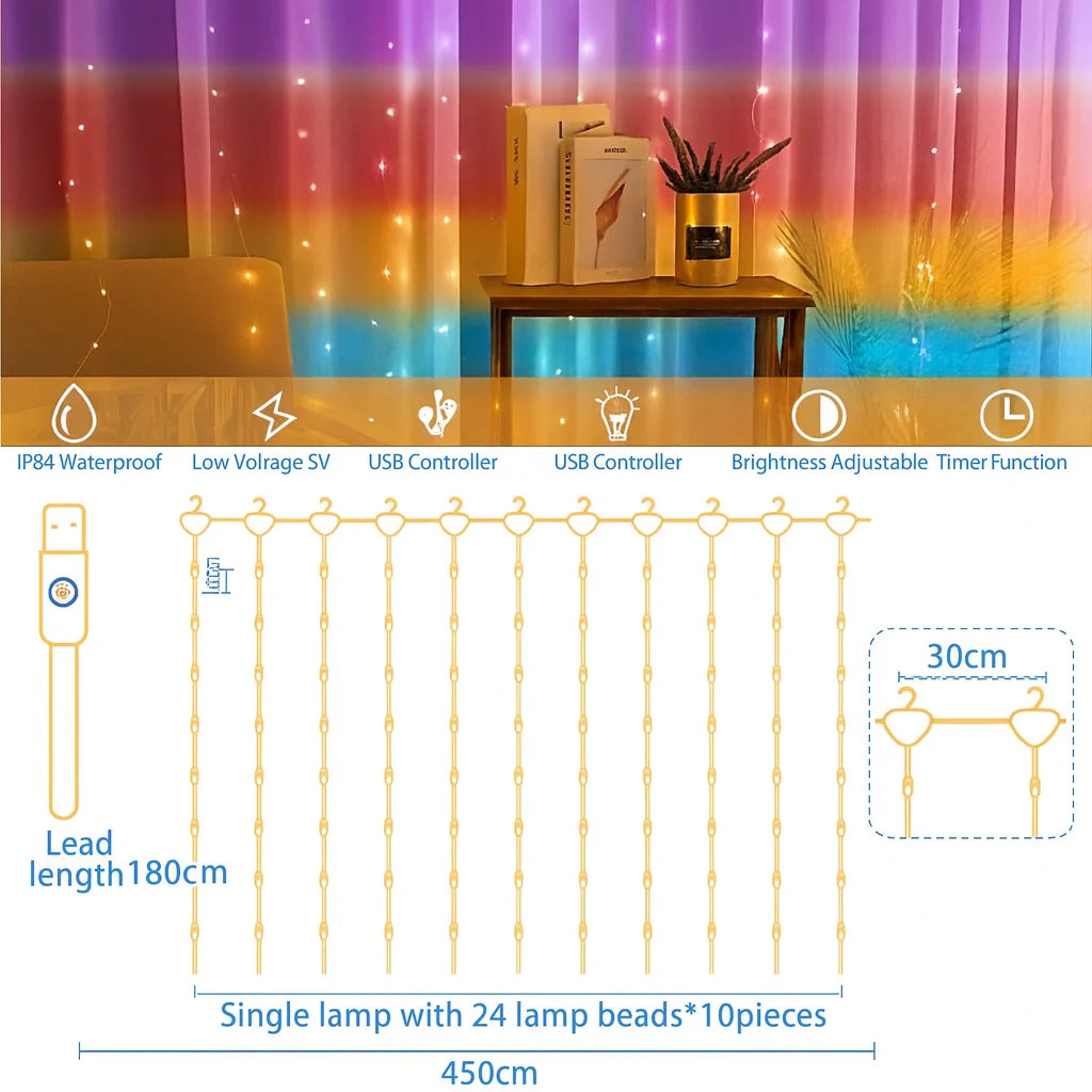 Lichtervorhang 3x3m 300 LED Regenbogen, USB & Fernbedienung, 8 Modi Timer 🌈✨