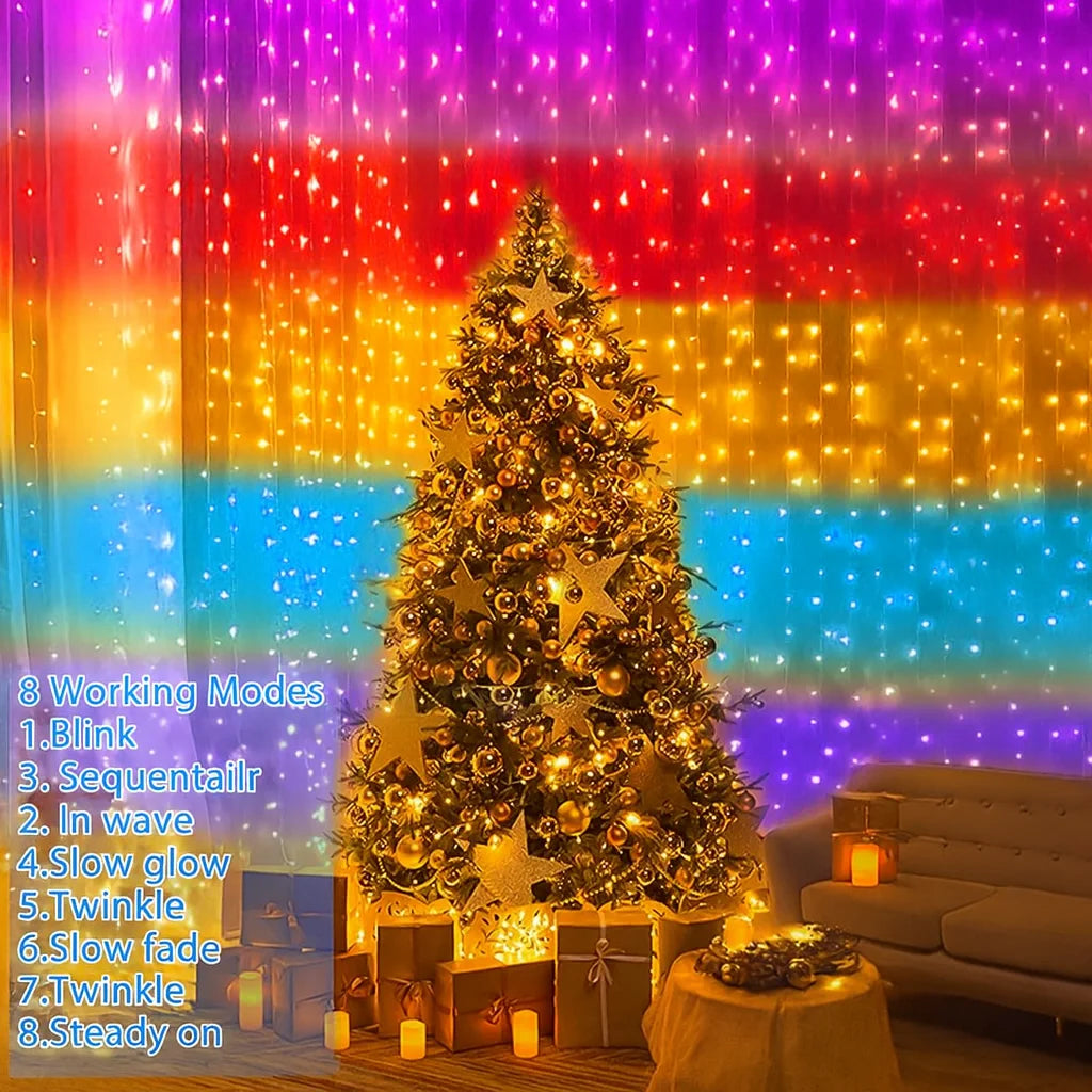 Lichtervorhang 3x3m 300 LED Regenbogen, USB & Fernbedienung, 8 Modi Timer 🌈✨