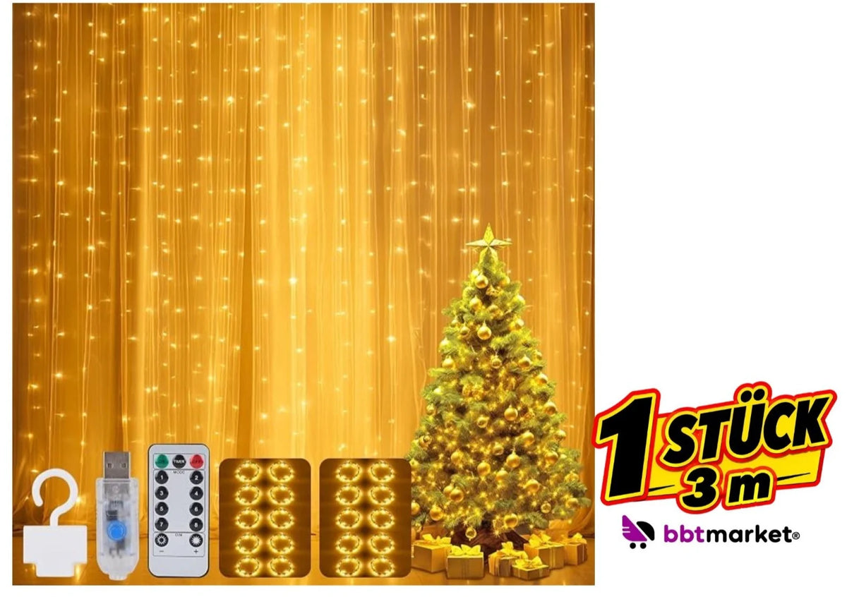 Lichtervorhang LED Warmweiß USB Fernbedienung 8 Modi Timer Hochzeit Deko 3x3m