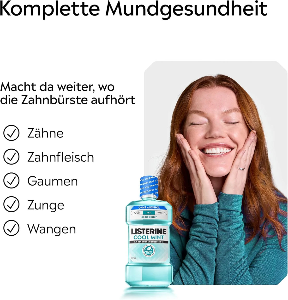 Listerine Cool Mint Mild 500 ml – antibakterielle alkoholfreie Mundspülung mit ätherischen Ölen & mildem Minzgeschmack