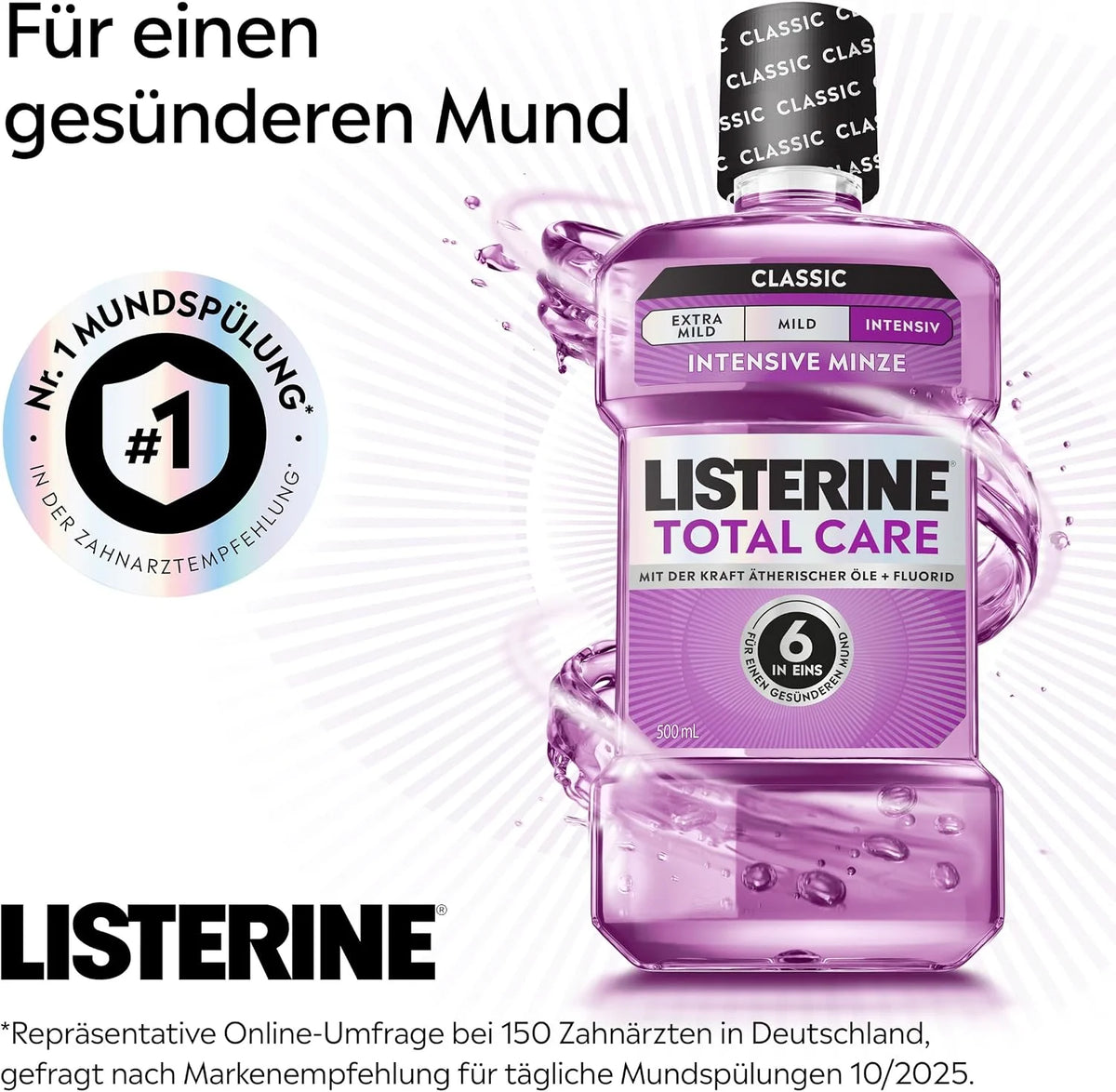 Listerine Total Care Zahn-Schutz Mundspülung 500 ml – antibakterielles Mundwasser mit Fluorid, 6-in-1 Wirkung & frischem Atem