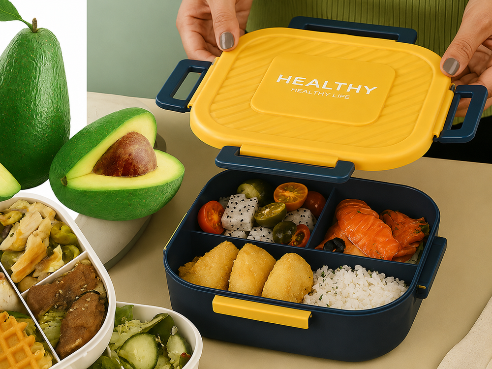 Lunchbox mit 3 Fächern und Besteck – Auslaufsichere Brotdose für Schule, Arbeit und unterwegs in Grün