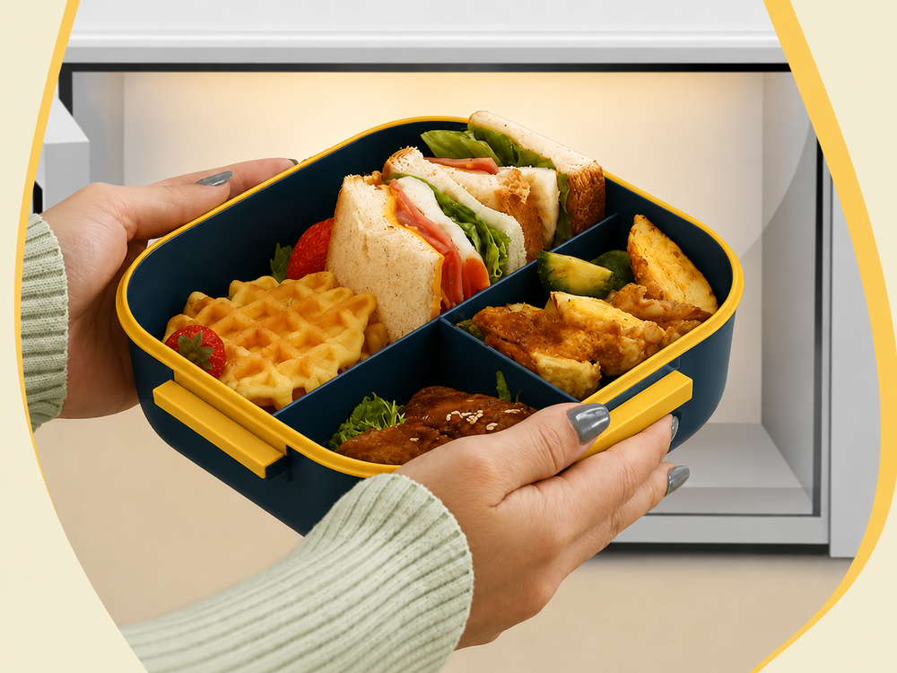 Lunchbox mit 3 Fächern und Besteck – Auslaufsichere Brotdose für Schule, Arbeit und unterwegs in Grün