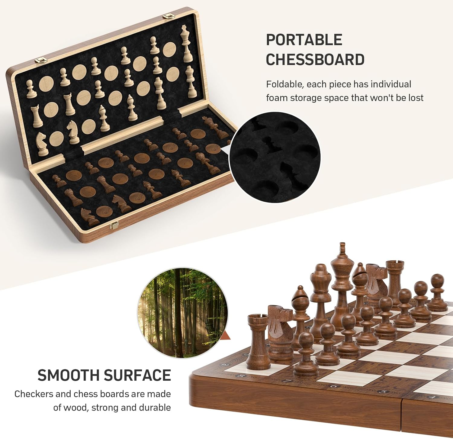 Magnetisches Schachspiel aus Holz – 2in1 Klappbares Schachbrett 40,5 cm für Kinder & Erwachsene