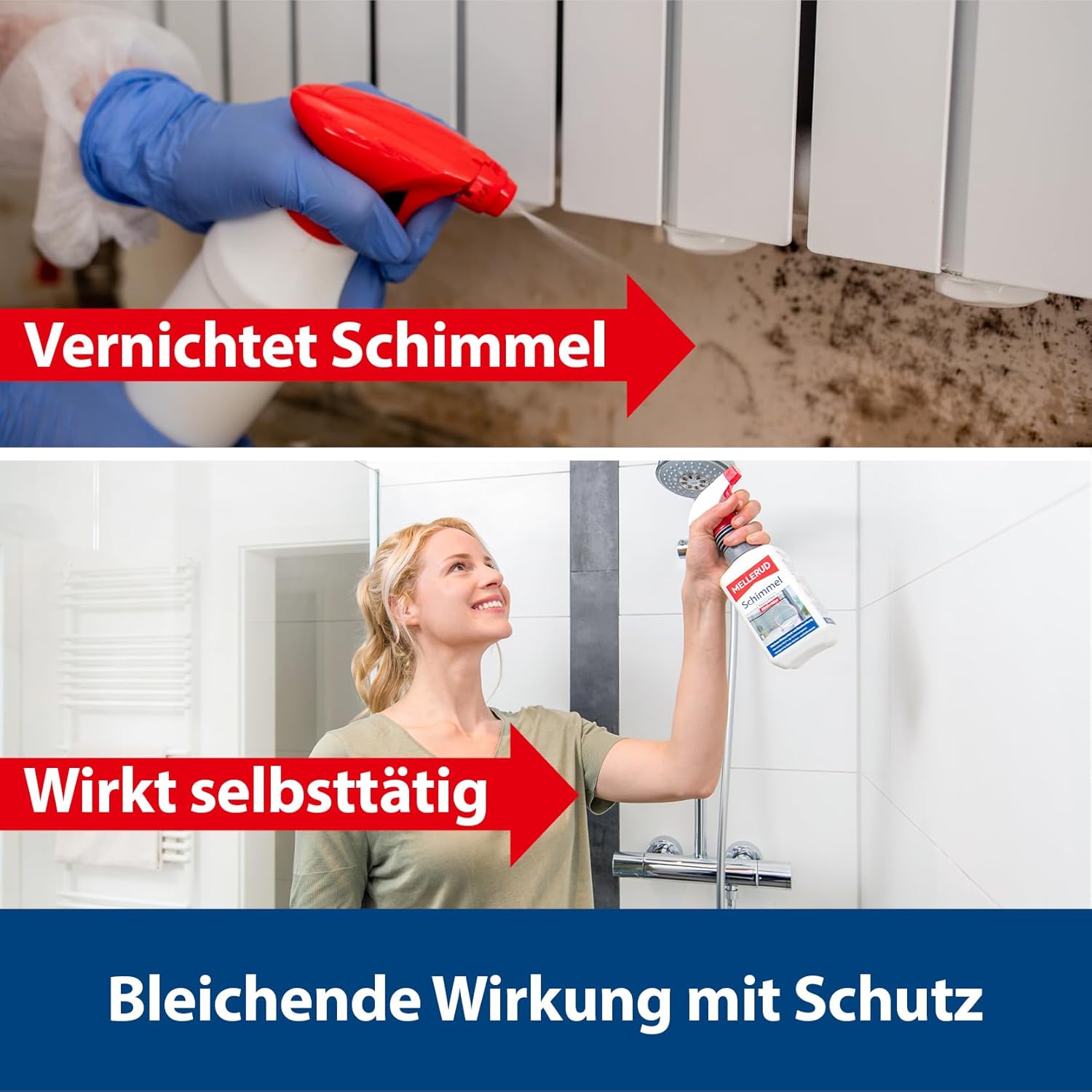 MELLERUD Schimmel Vernichter Aktivchlor 0,5 l – Effektives Anti-Schimmel Spray für Bad, Küche & Keller, Entfernt Schimmelsporen, Pilze & Stockflecken