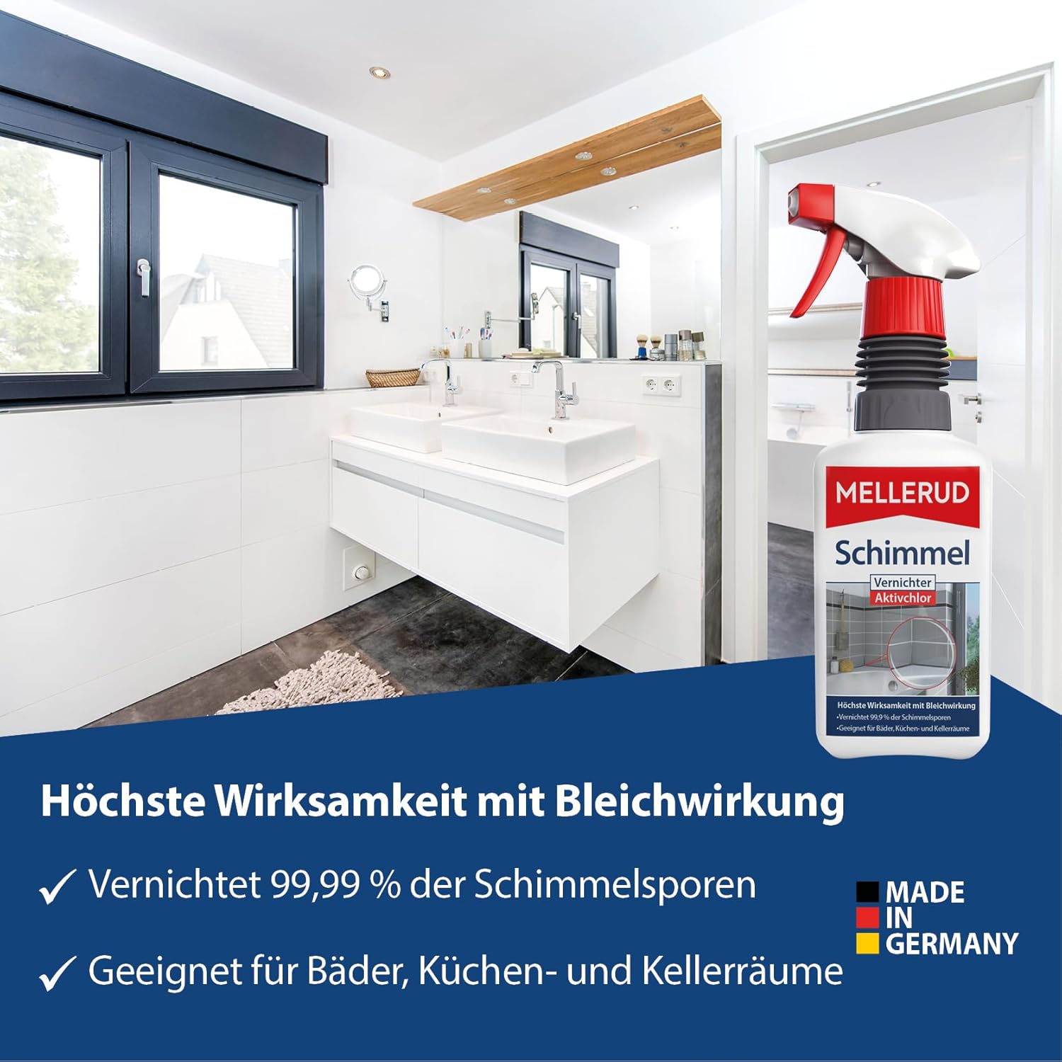 MELLERUD Schimmel Vernichter Aktivchlor 0,5 l – Effektives Anti-Schimmel Spray für Bad, Küche & Keller, Entfernt Schimmelsporen, Pilze & Stockflecken