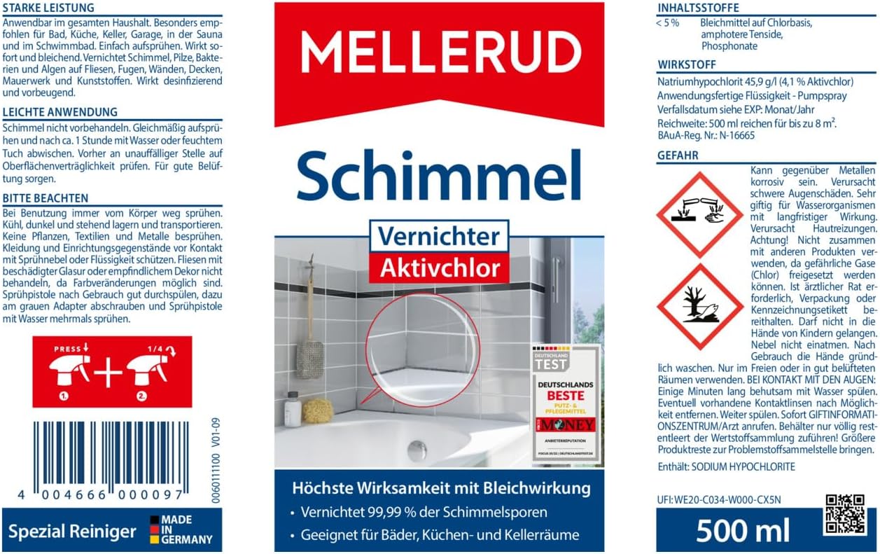 MELLERUD Schimmel Vernichter Aktivchlor 0,5 l – Effektives Anti-Schimmel Spray für Bad, Küche & Keller, Entfernt Schimmelsporen, Pilze & Stockflecken