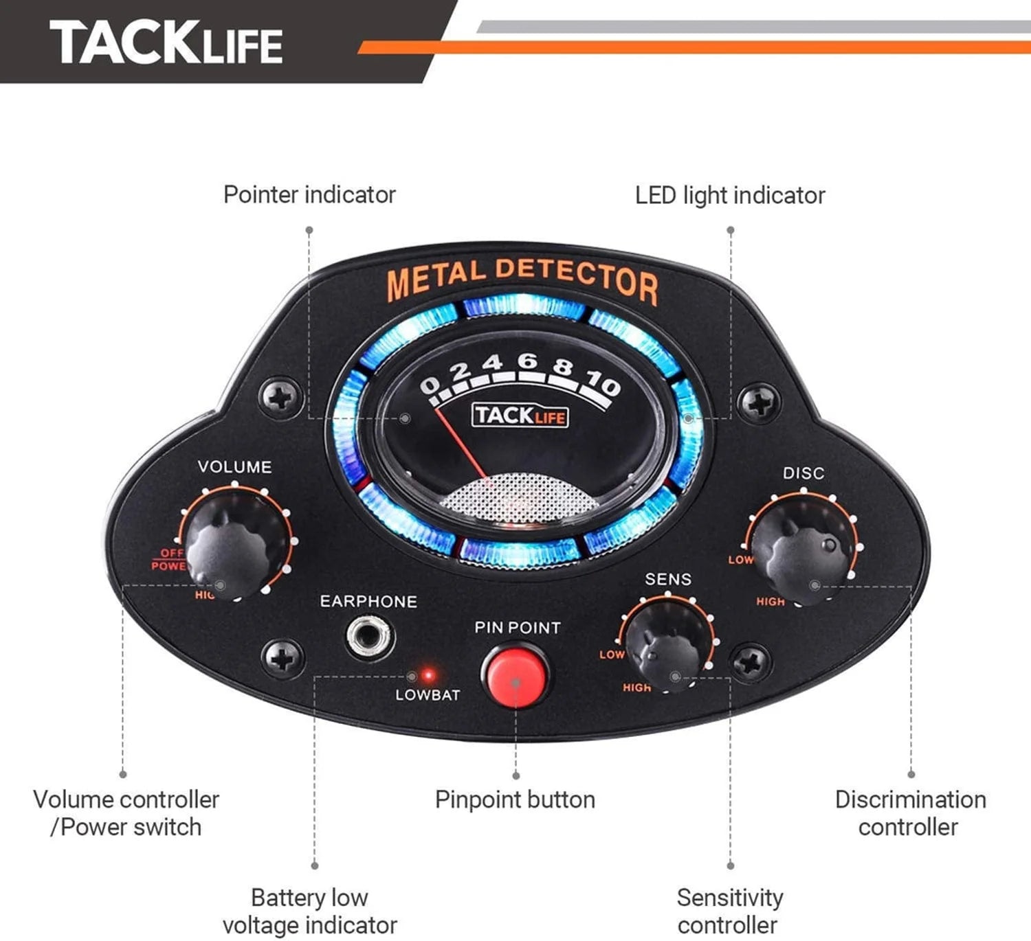 TACKLIFE Metalldetektor Metallsuchgeräte LED Licht Gold Münzen Detektor