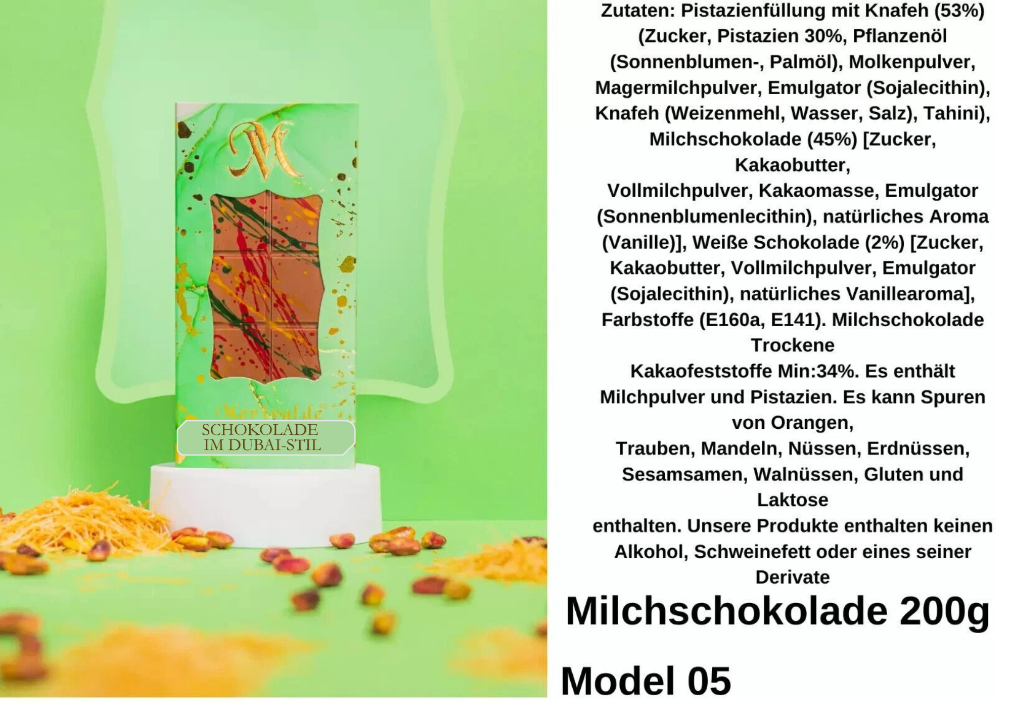 Pistazien-Schokolade mit Kadayif | Süße Spezialität | 30–200g | Halal🤳👌♥✨💖