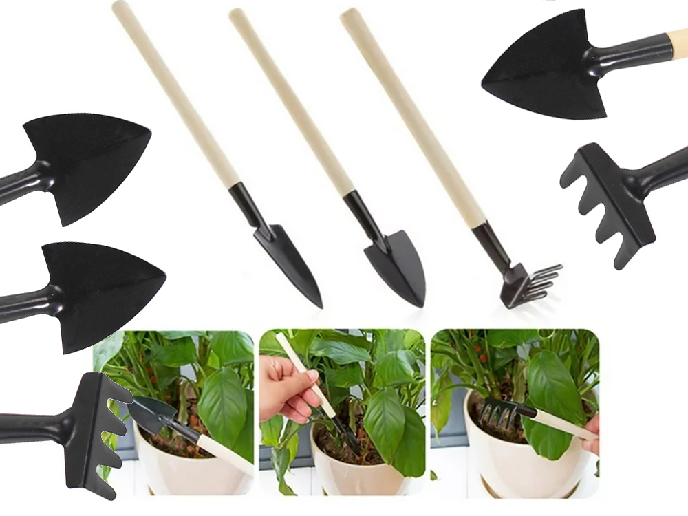 Mini Gartenwerkzeug Set 3-teilig – Schaufel Rechen Spaten für Topfpflanzen Umtopfen