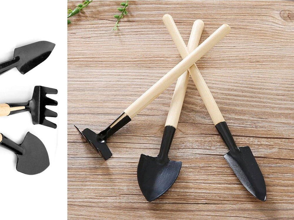Mini Gartenwerkzeug Set 3-teilig – Schaufel Rechen Spaten für Topfpflanzen Umtopfen