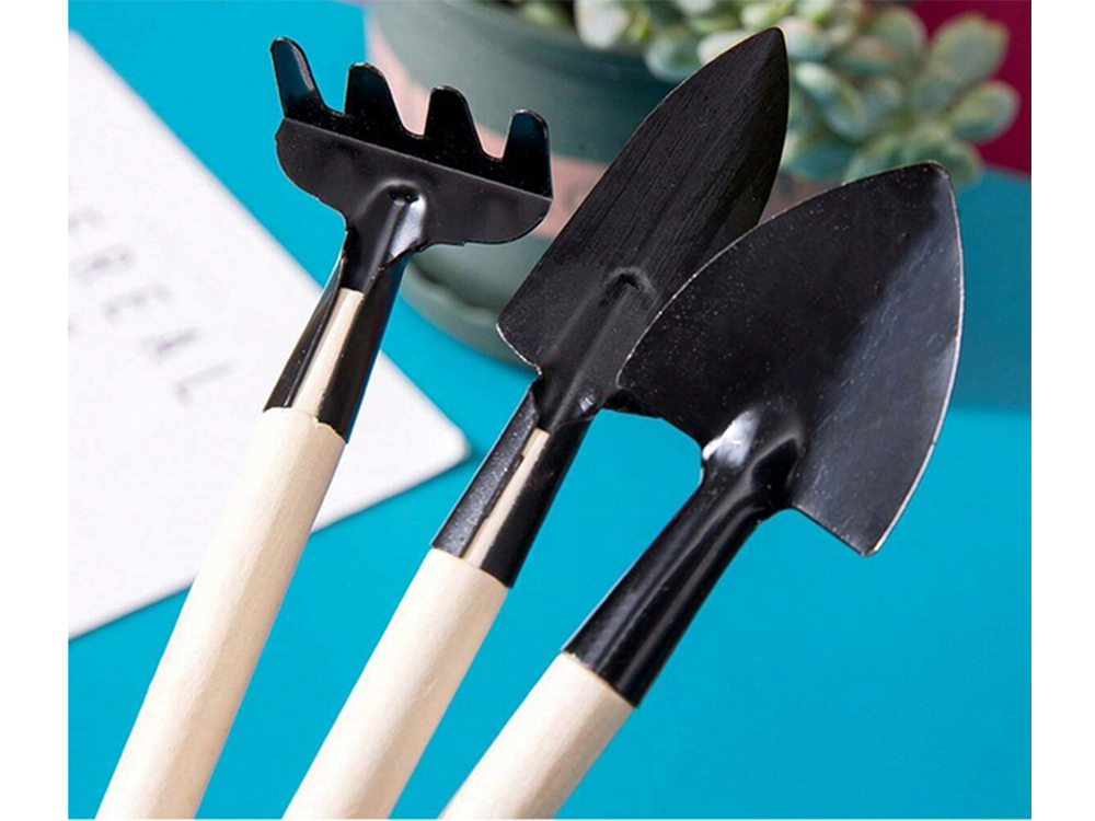Mini Gartenwerkzeug Set 3-teilig – Schaufel Rechen Spaten für Topfpflanzen Umtopfen