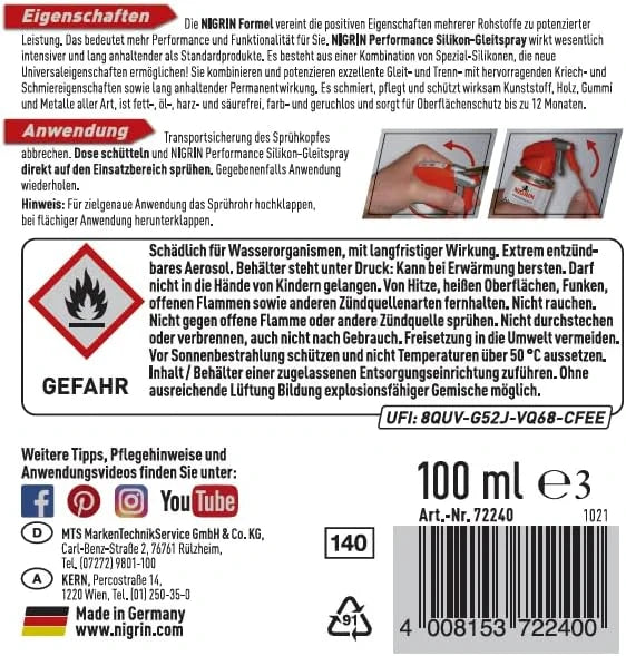 NIGRIN HyBrid Silikon-Gleitspray 100 ml – Schmiermittel für Kunststoff, Gummi, Holz und Metall