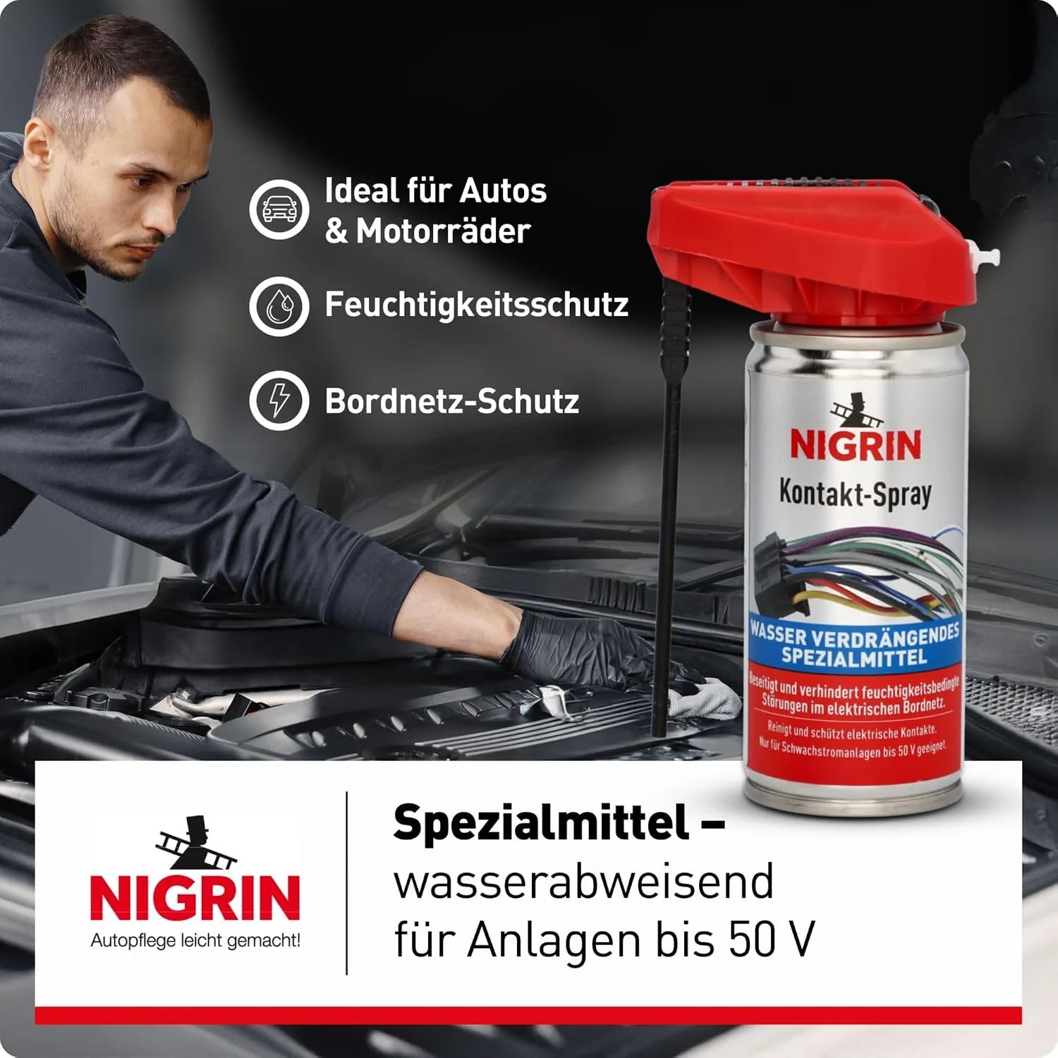 NIGRIN Kontakt-Spray 100 ml – Kontaktreiniger und Schutzspray für elektrische Kontakte bis 50 V