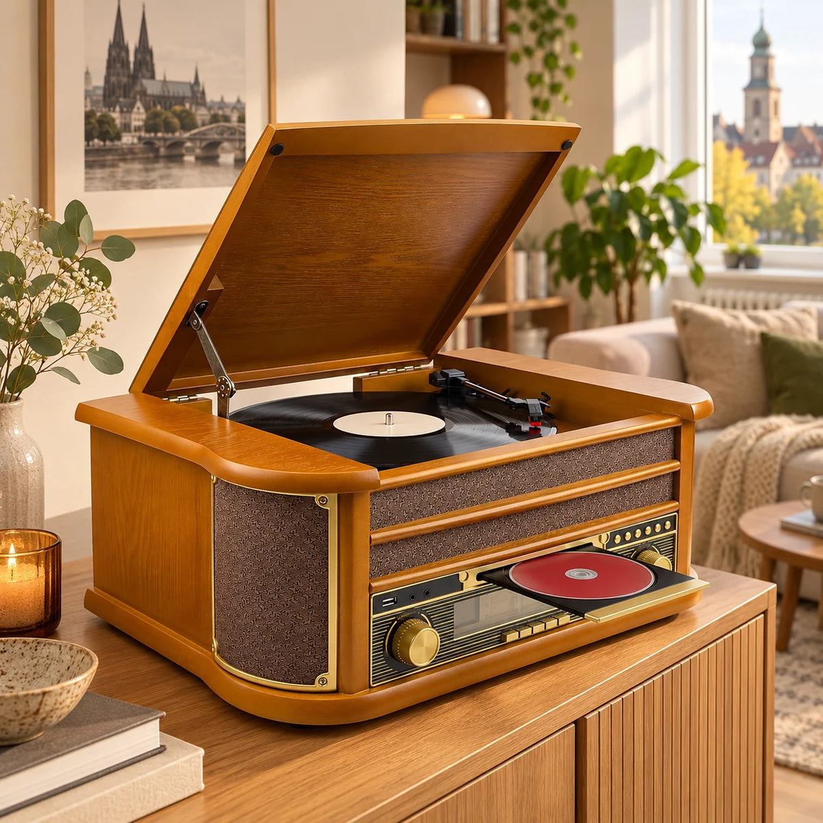 Record player nostalgia wooden music system USB record player retro stereo system 