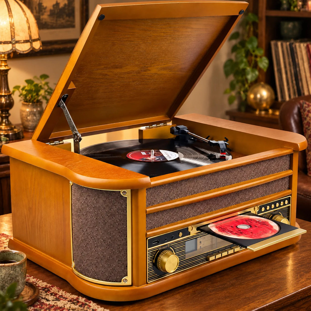 Record player nostalgia wooden music system USB record player retro stereo system 