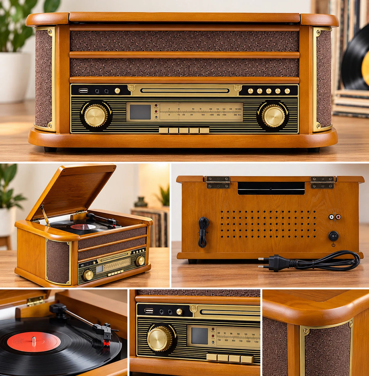 Record player nostalgia wooden music system USB record player retro stereo system 