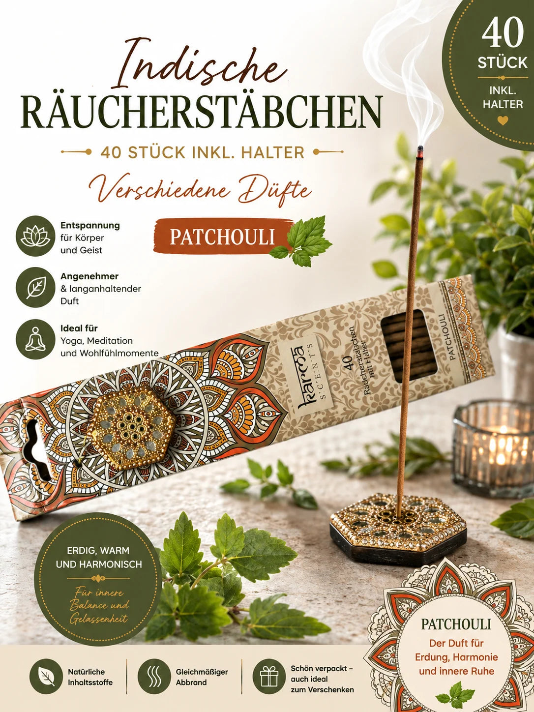 Räucherstäbchen Indische 40 Stück inkl. Halter – verschiedene Düfte (Karma Scent