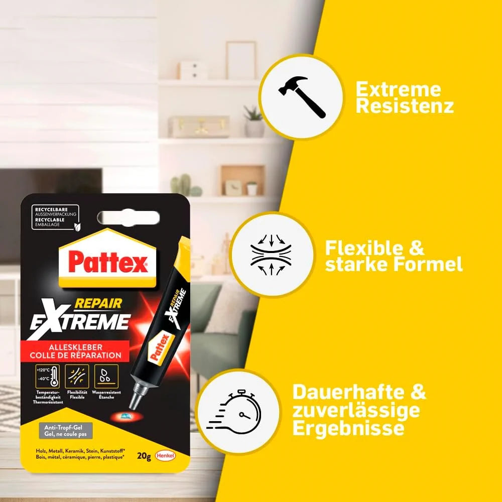 Pattex Repair Extreme Alleskleber 20 g – flexibler, transparenter Reparaturkleber für Innen & Außen