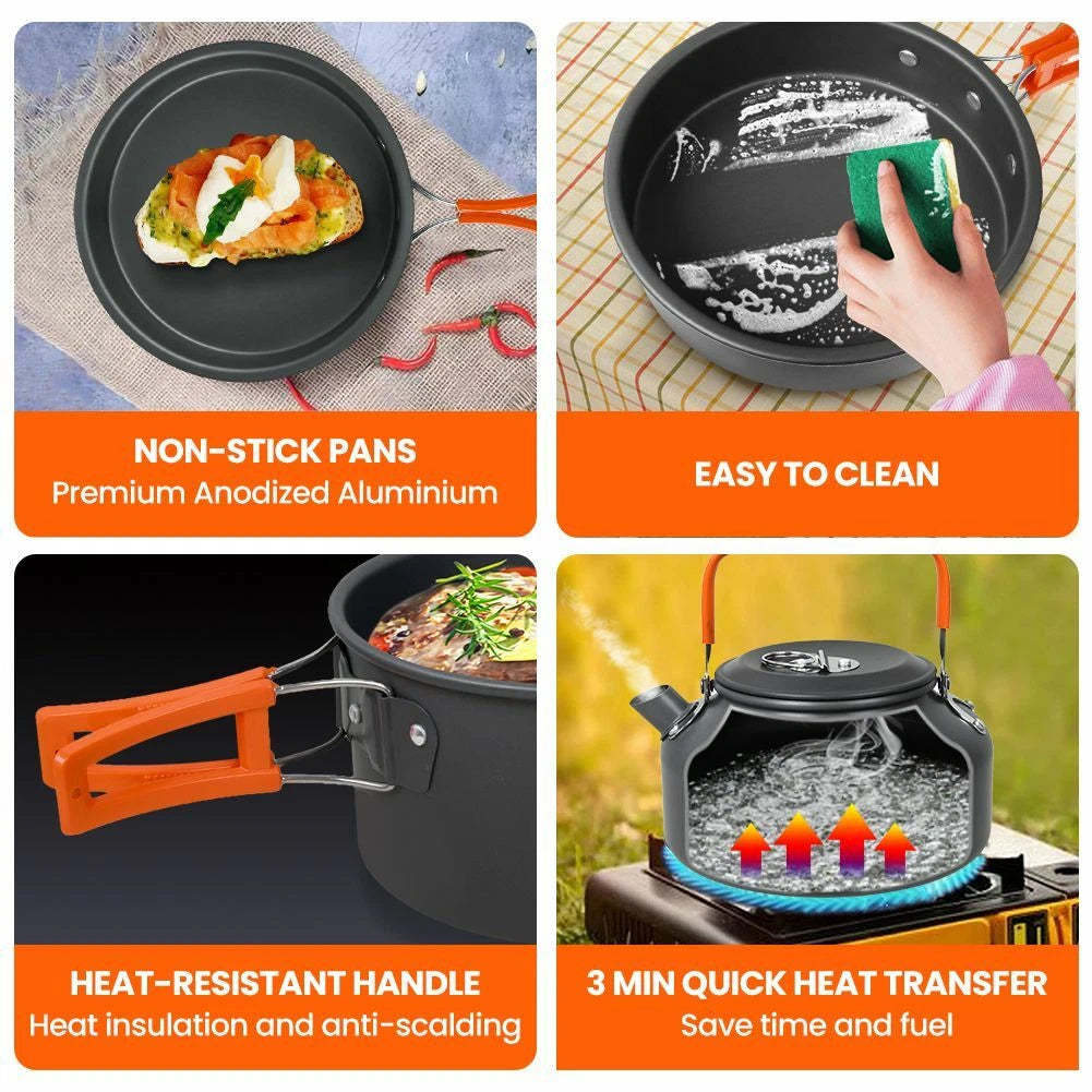 Camping Kochgeschirr Set für 2–3 Personen – Outdoor Töpfe, Pfanne & Kessel 11-teilig