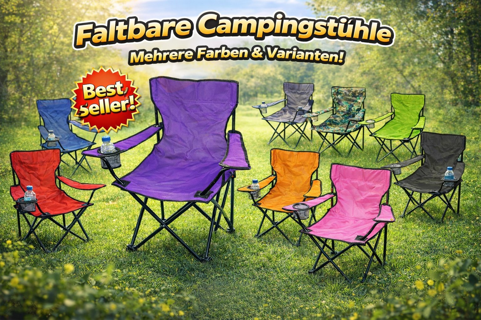 3x Klappstuhl Campingstuhl Anglerstuhl Schwarz mit Getränkehalter & Tragetasche