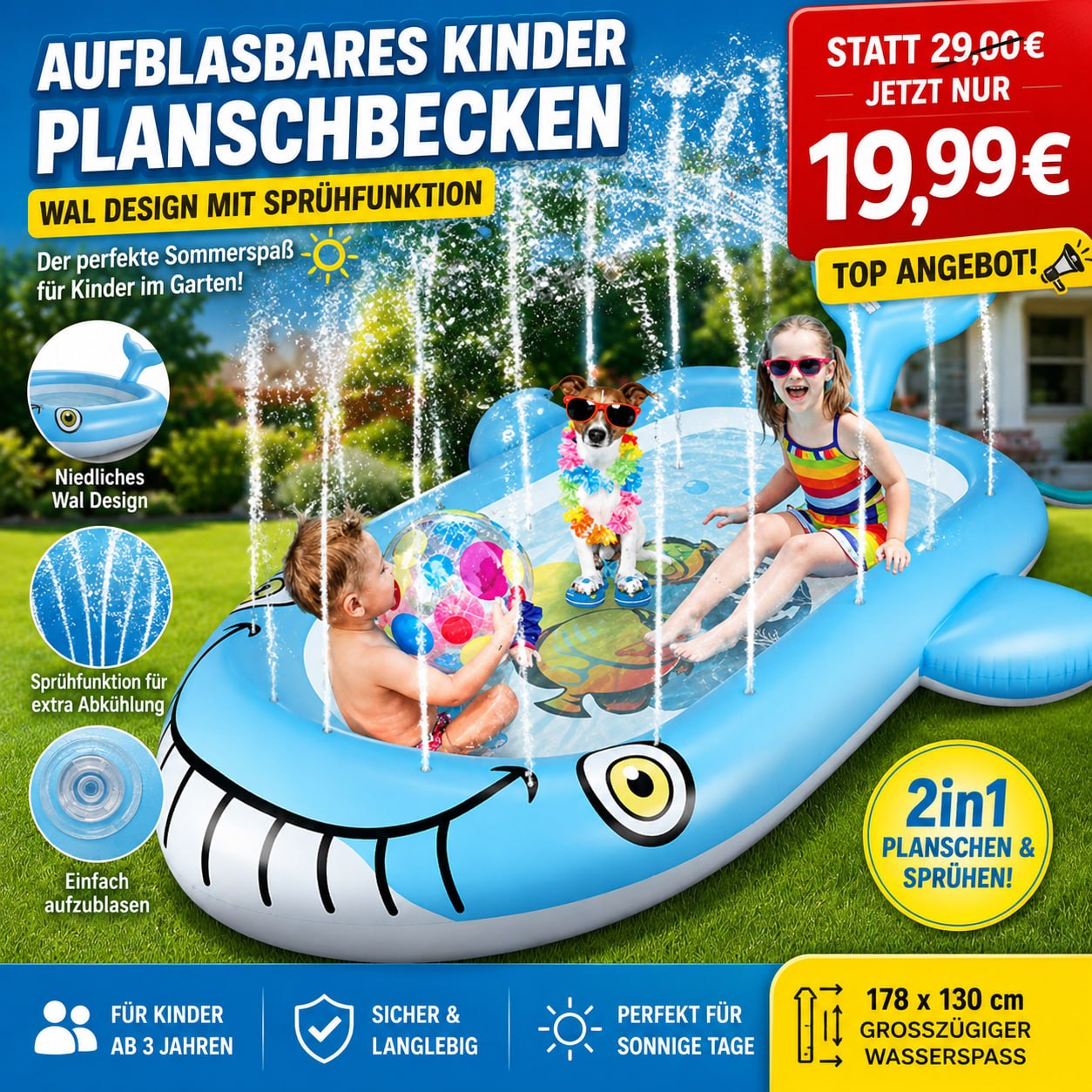 Aufblasbares Kinder Planschbecken 178x130cm Wal Design – 2in1 Baby Pool mit Sprühfunktion für Garten & Sommer