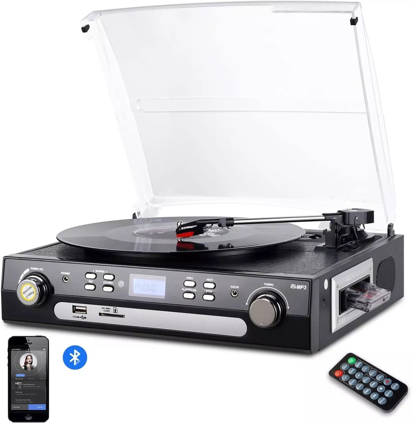 Bluetooth record player turntable with stereo speakers vinyl to MP3 recording