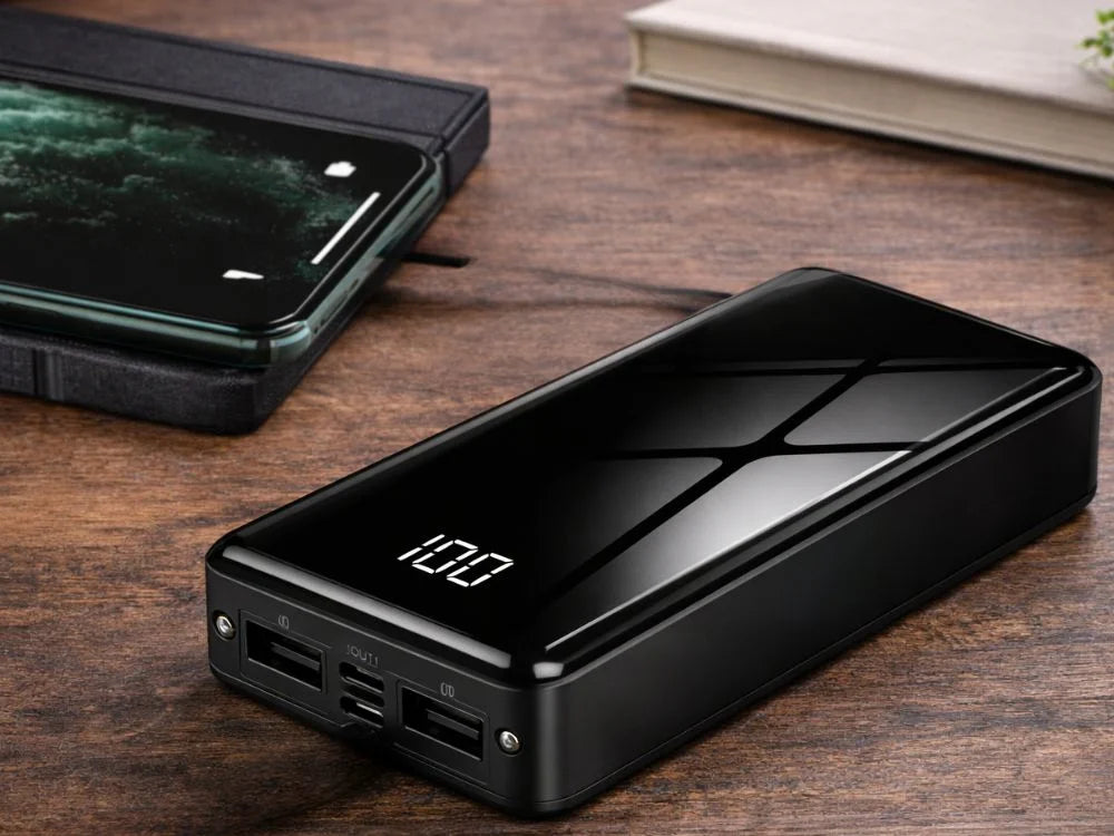 Powerbank 20000 mAh mit 4 USB-Ausgängen – Externer Akku 5V 2,1A mit 2 LED-Taschenlampen